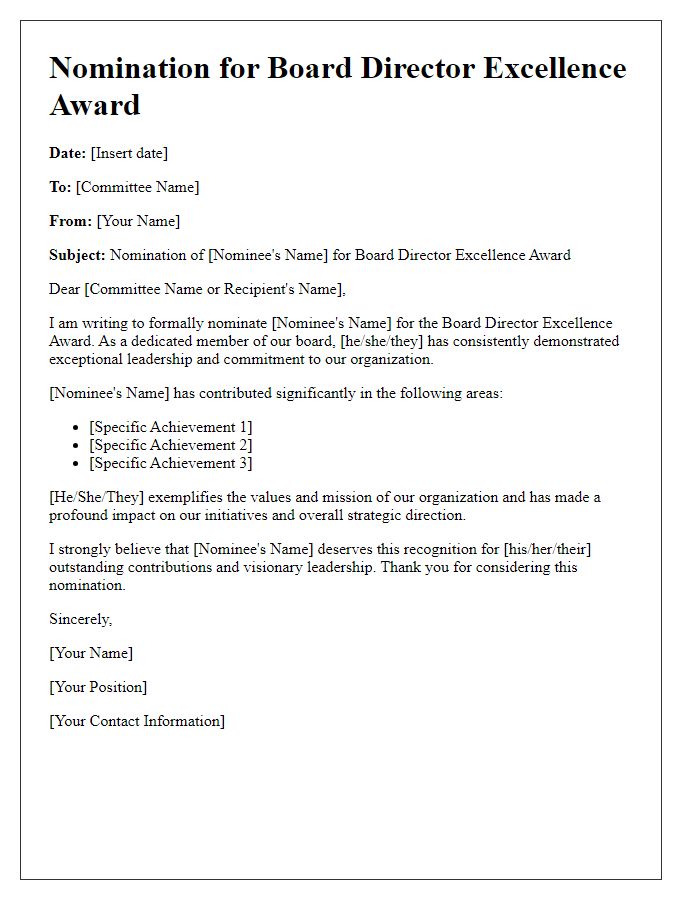 Letter template of nomination for board director excellence award.