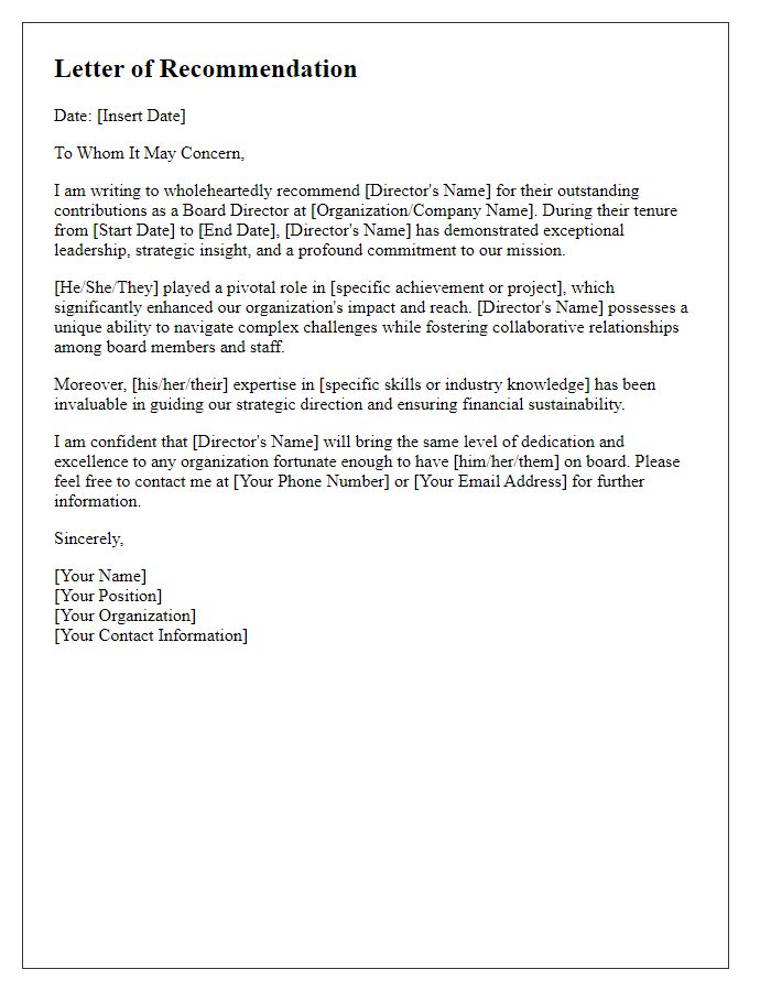 Letter template of recommendation for outstanding board director.