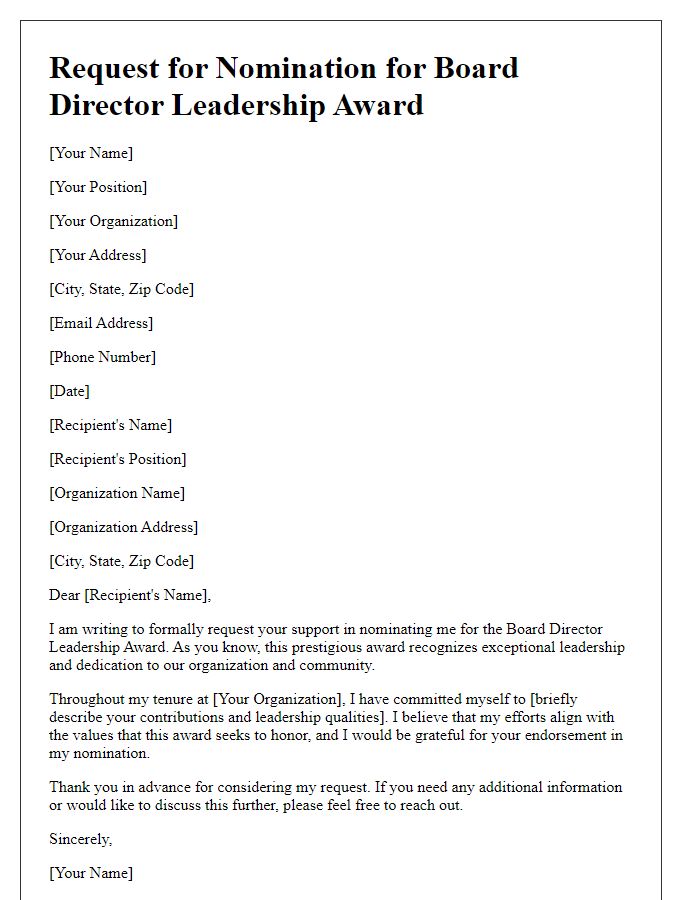 Letter template of request for board director leadership award nomination.