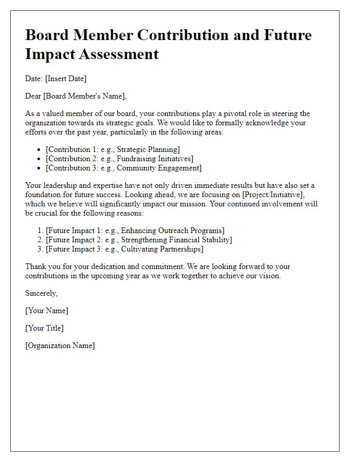 Letter template of board member contribution and future impact assessment.