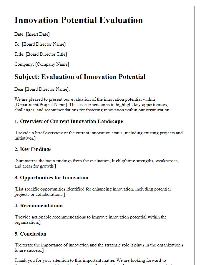 Letter template of innovation potential evaluation for board director.