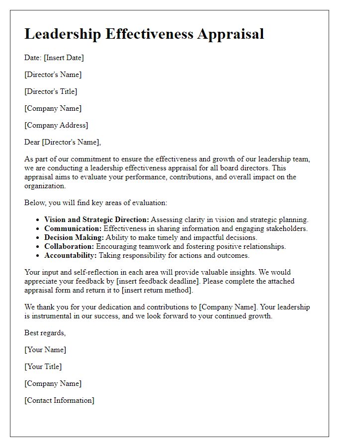 Letter template of leadership effectiveness appraisal for board director.