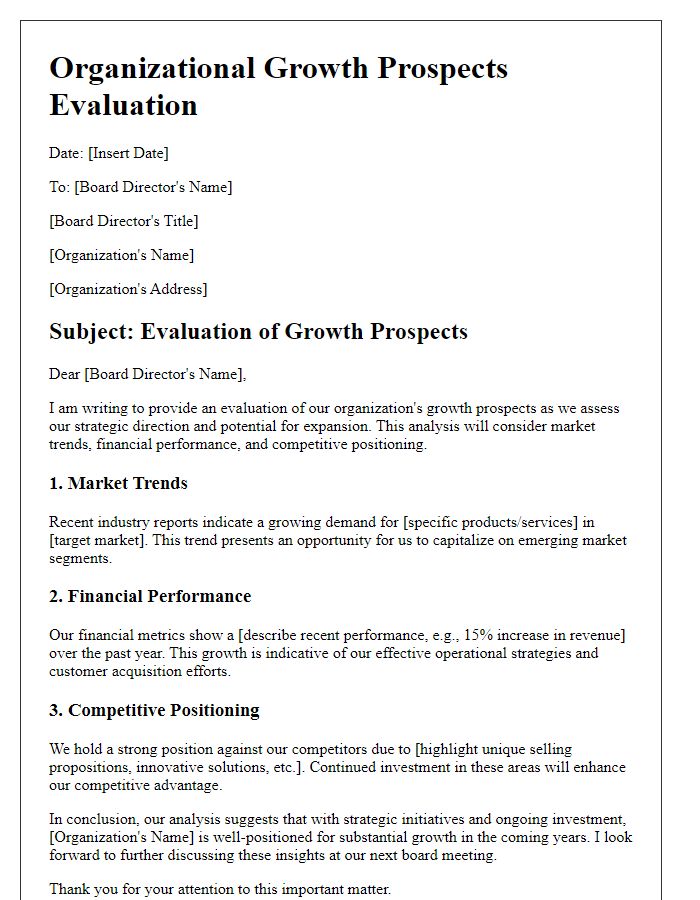 Letter template of organizational growth prospects evaluation for board director.