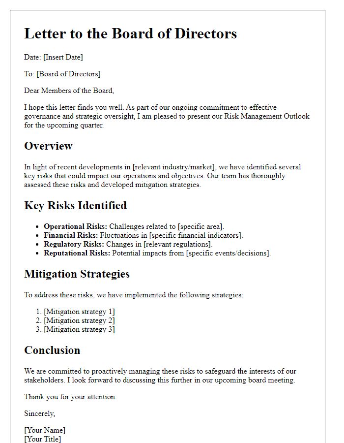 Letter template of risk management outlook for board director.