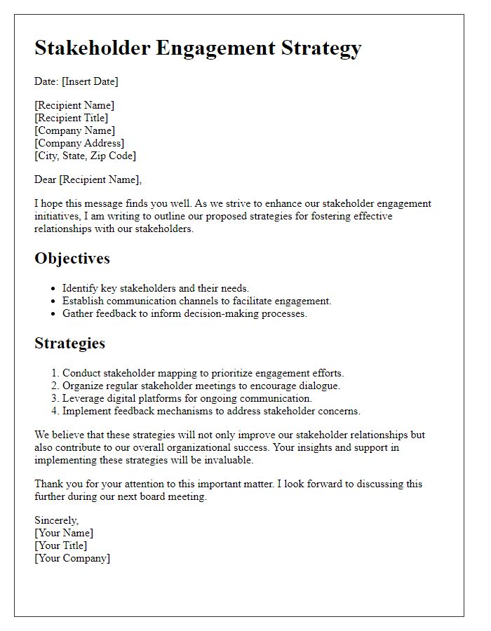 Letter template of stakeholder engagement strategies for board director.