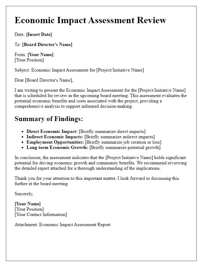 Letter template of economic impact assessment for board director review.