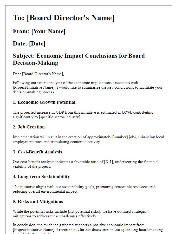 Letter template of economic impact conclusions for board director decision-making.