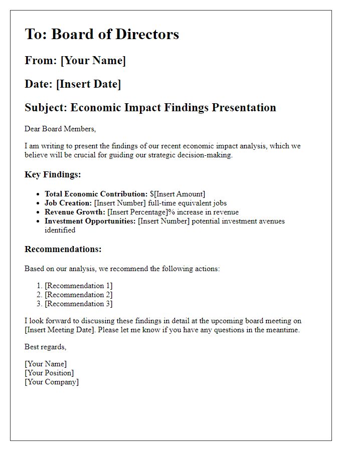 Letter template of economic impact findings for board director presentation.