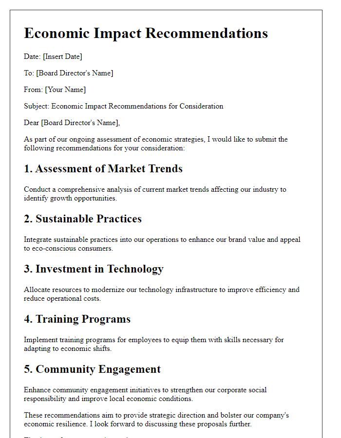 Letter template of economic impact recommendations for board director assessment.