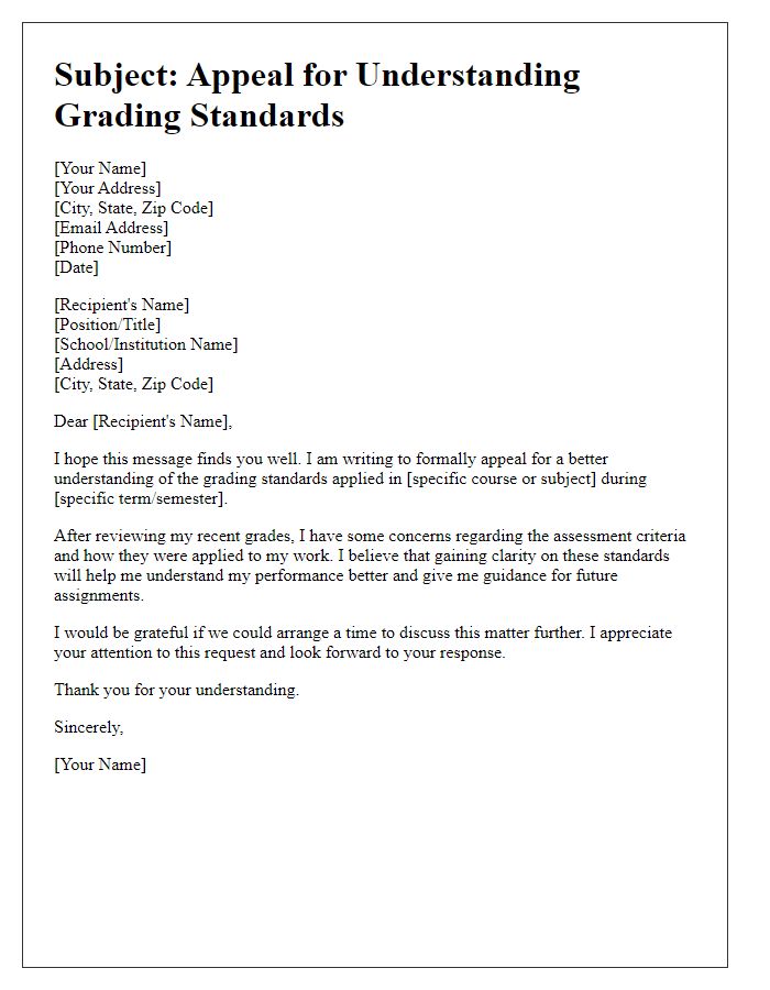 Letter template of appeal for understanding grading standards