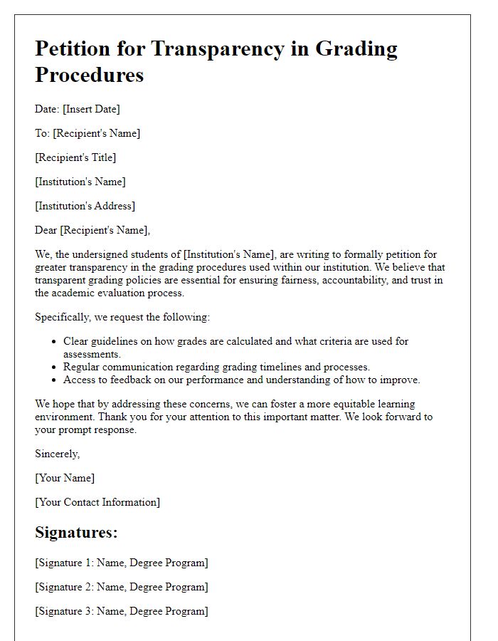 Letter template of petition for transparency in grading procedures