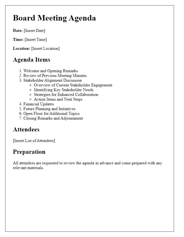 Letter template of board meeting agenda for stakeholder alignment discussion