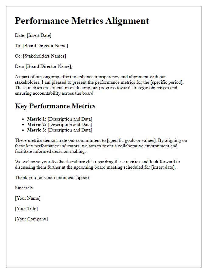 Letter template of performance metrics for board director and stakeholder alignment