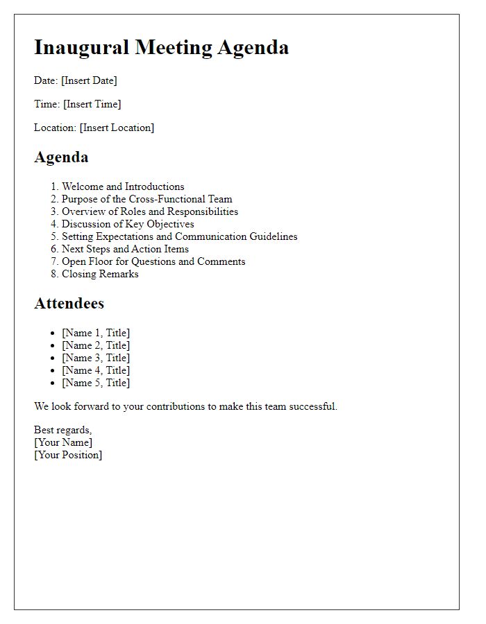 Letter template of agenda for the inaugural meeting of the board director cross-functional team.