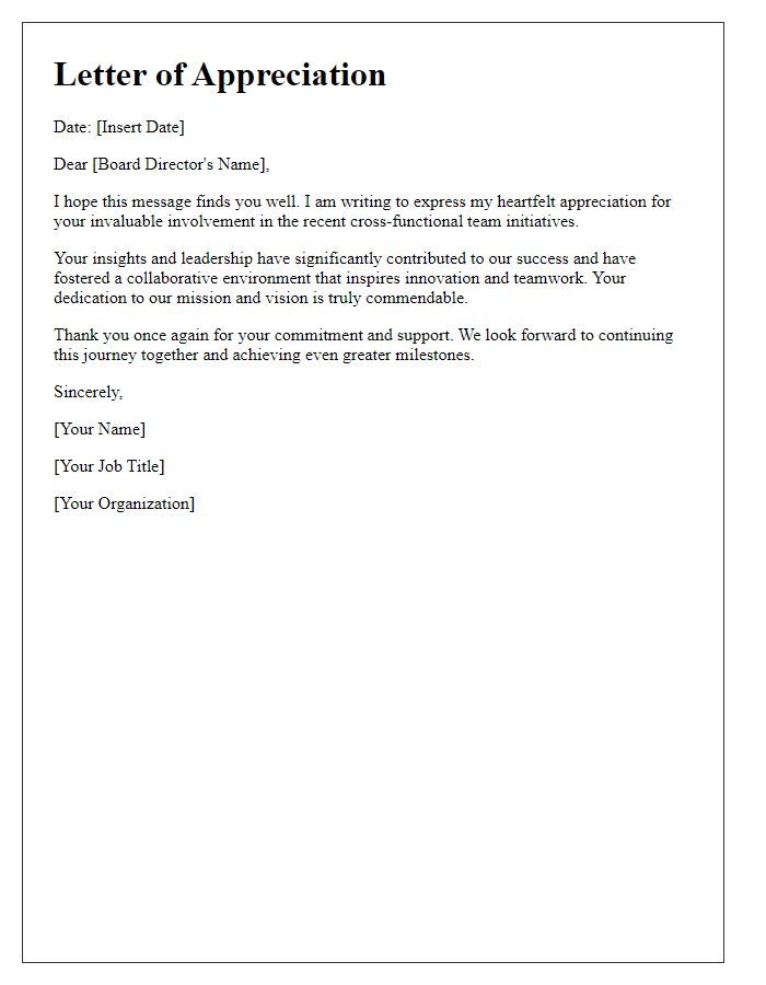 Letter template of appreciation to board directors for their involvement in the cross-functional team.