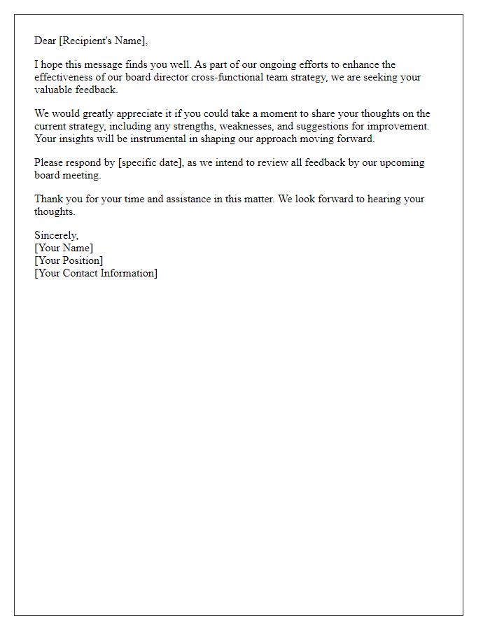 Letter template of feedback request regarding the board director cross-functional team strategy.