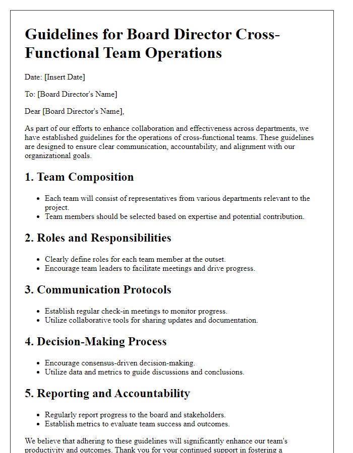 Letter template of guidelines for board director cross-functional team operations.