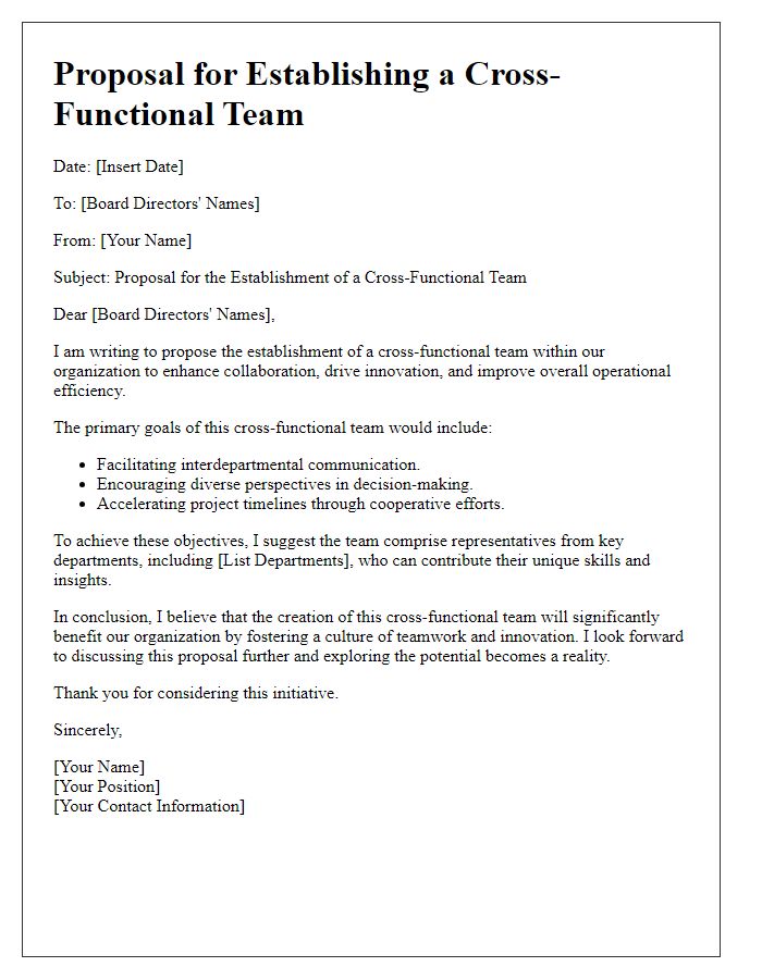 Letter template of proposal for establishing a cross-functional team for board directors.