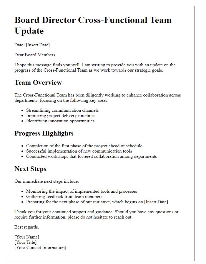 Letter template of updates on board director cross-functional team progress.