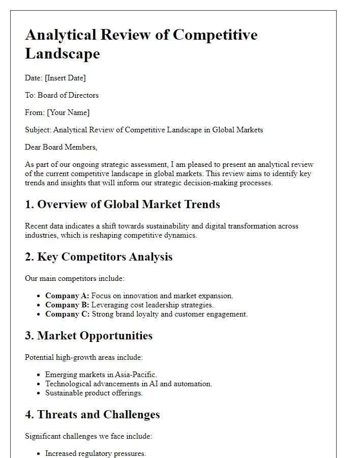 Letter template of analytical review of competitive landscape in global markets for board directors.