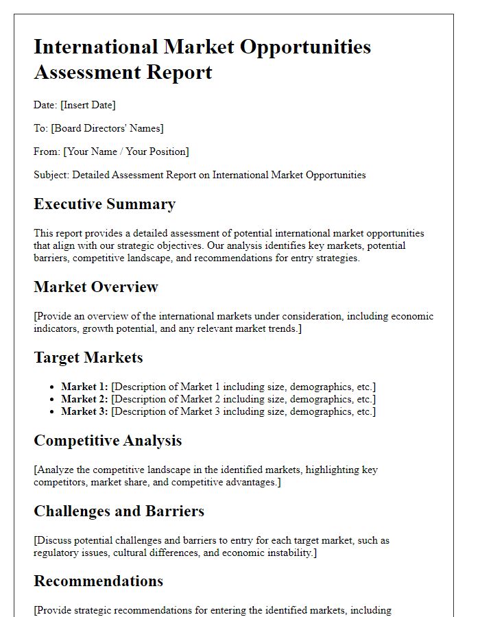 Letter template of detailed assessment report on international market opportunities for board directors.