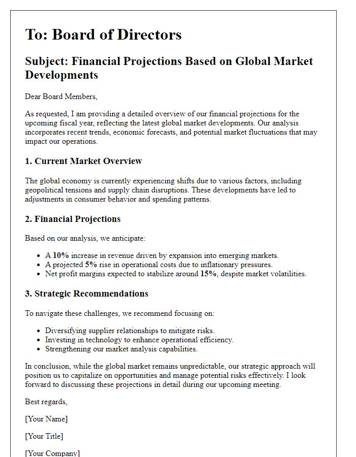 Letter template of financial projections related to global market developments for board directors.