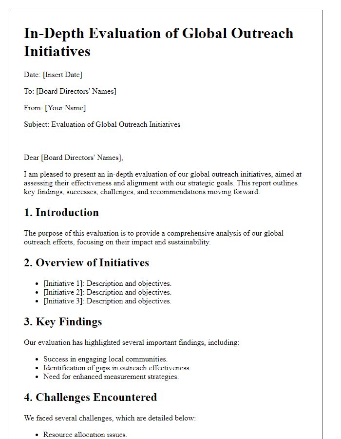 Letter template of in-depth evaluation of global outreach initiatives for board directors.