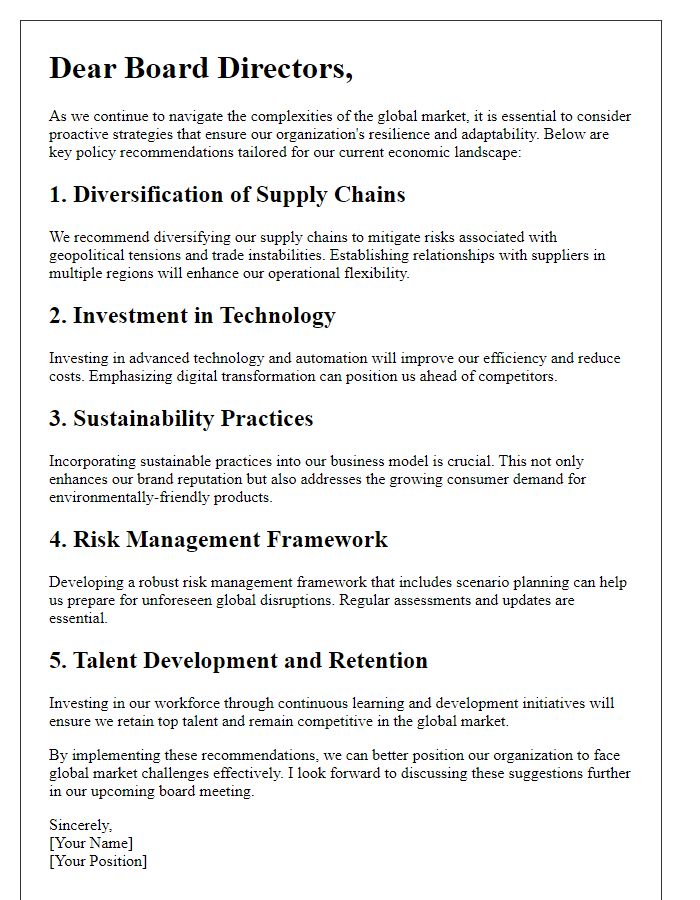 Letter template of policy recommendations for navigating global market challenges for board directors.