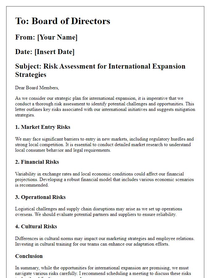 Letter template of risk assessment regarding international expansion strategies for board directors.