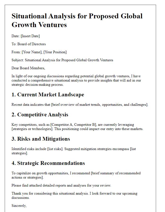 Letter template of situational analysis for proposed global growth ventures for board directors.