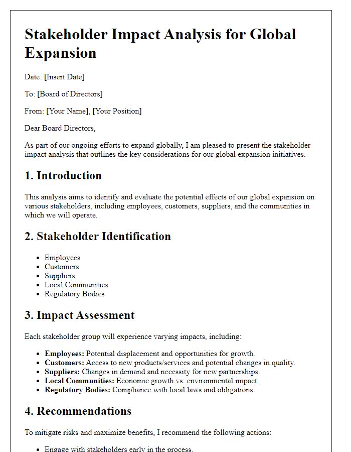 Letter template of stakeholder impact analysis in global expansion efforts for board directors.