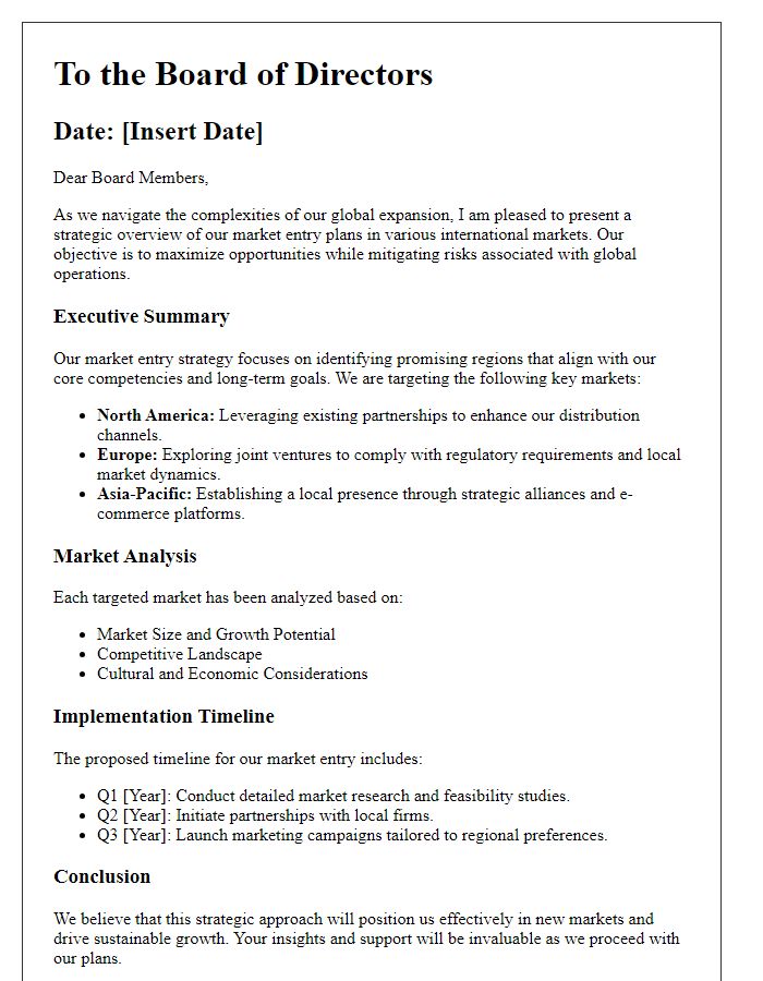 Letter template of strategic overview of global market entry plans for board directors.