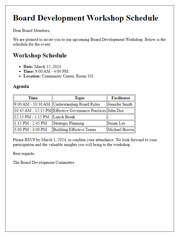 Letter template of board development workshop schedule