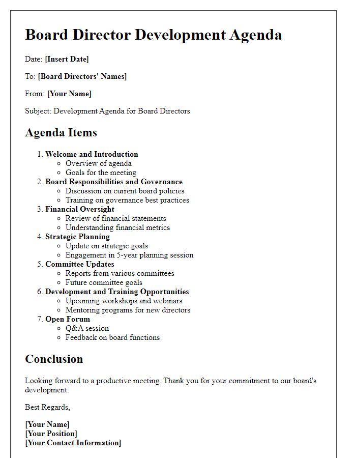 Letter template of board director development agenda