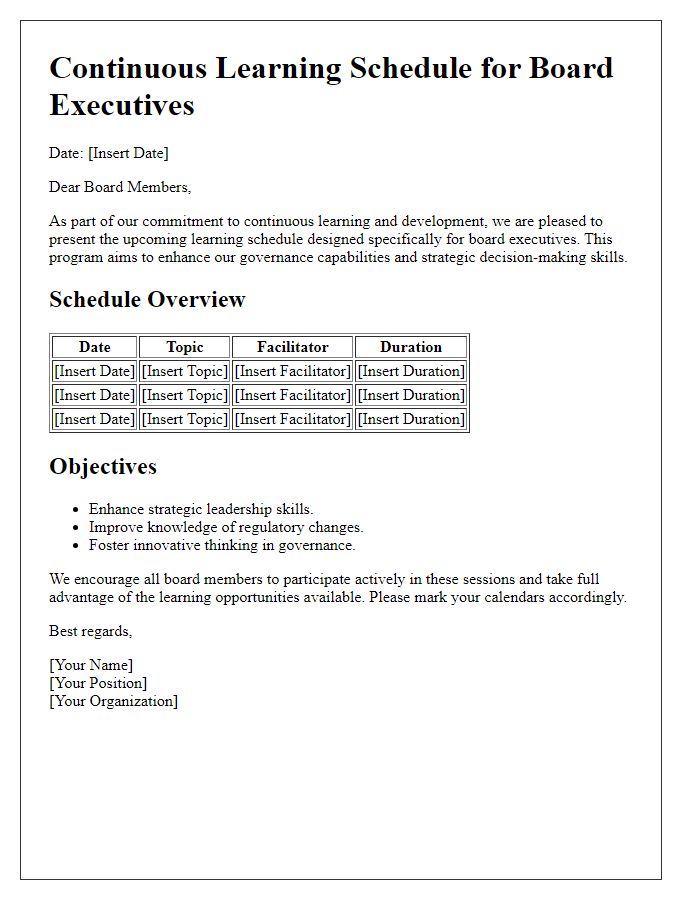 Letter template of continuous learning schedule for board executives