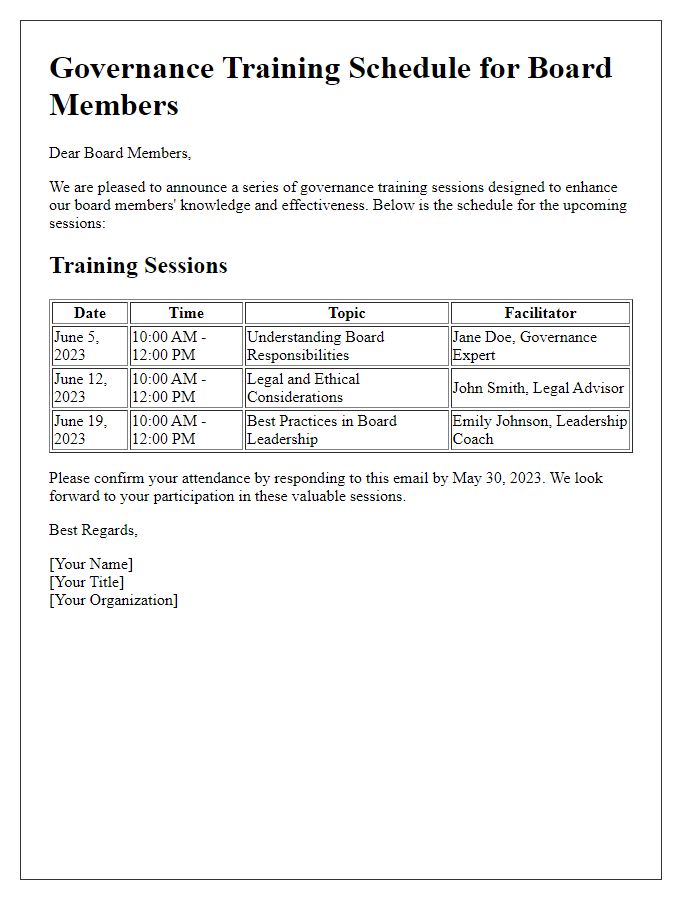 Letter template of governance training schedule for board members