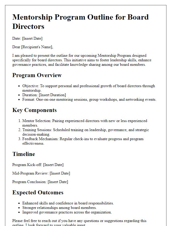 Letter template of mentorship program outline for board directors