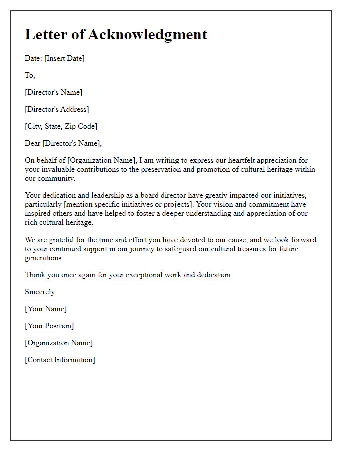 Letter template of acknowledgment for board director's contributions to cultural heritage