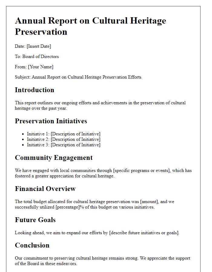 Letter template of annual report to board director regarding cultural heritage preservation