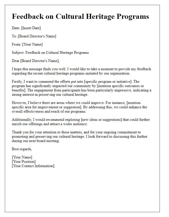 Letter template of feedback for board director on cultural heritage programs