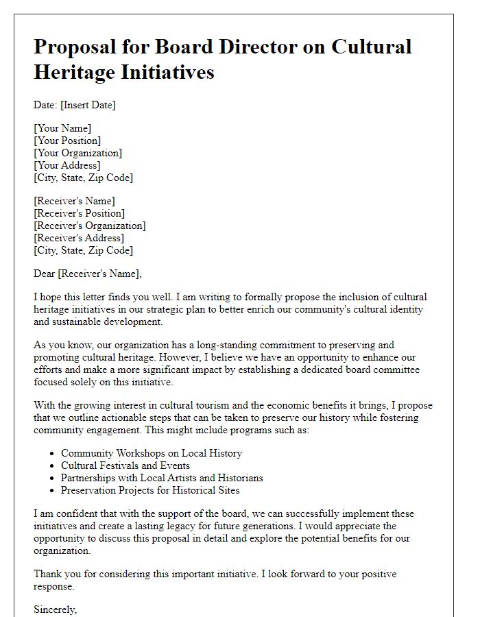 Letter template of proposal for board director on cultural heritage initiatives