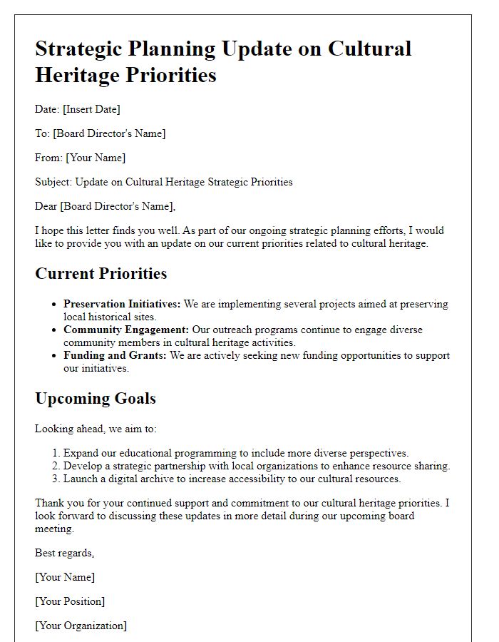 Letter template of strategic planning update for board director on cultural heritage priorities