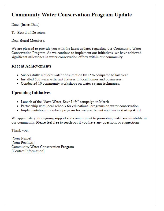 Letter template of community water conservation program updates for board directors