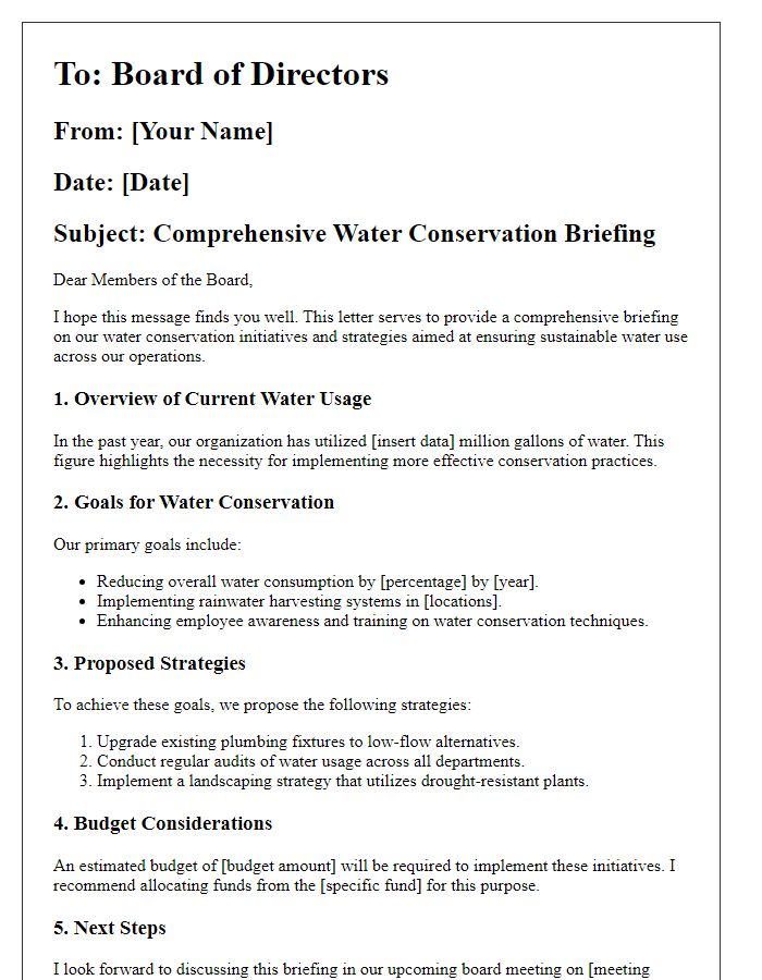 Letter template of comprehensive water conservation briefing for the board