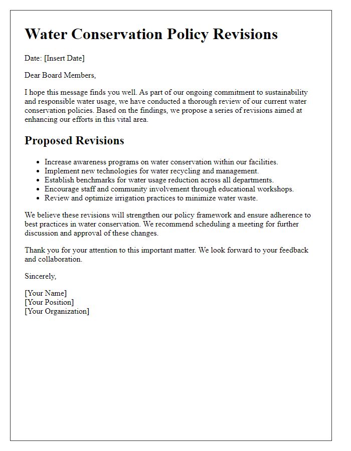 Letter template of water conservation policy revisions for board members