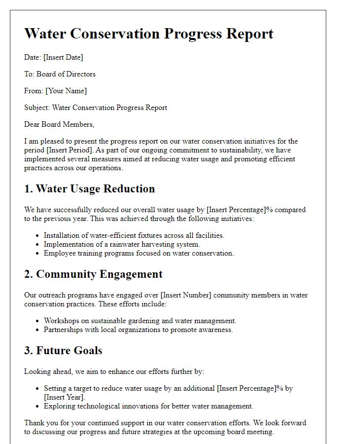 Letter template of water conservation progress report for board directors