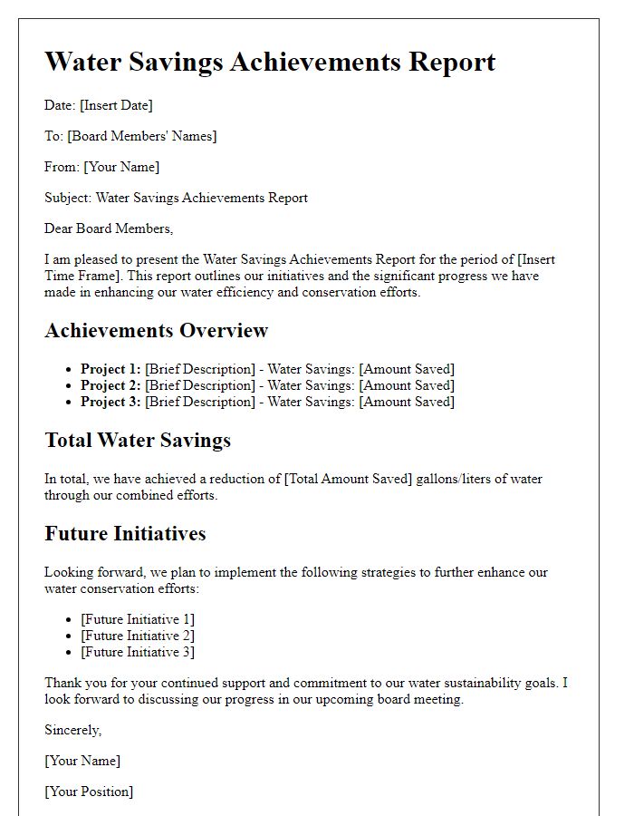 Letter template of water savings achievements report for the board