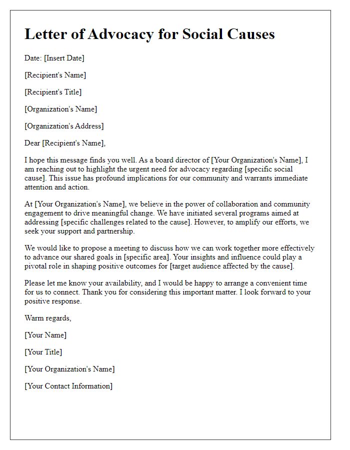 Letter template of board director advocacy for social causes