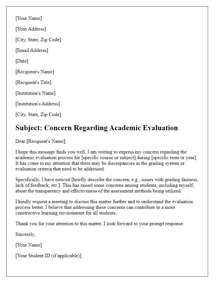 Letter template of academic evaluation concern