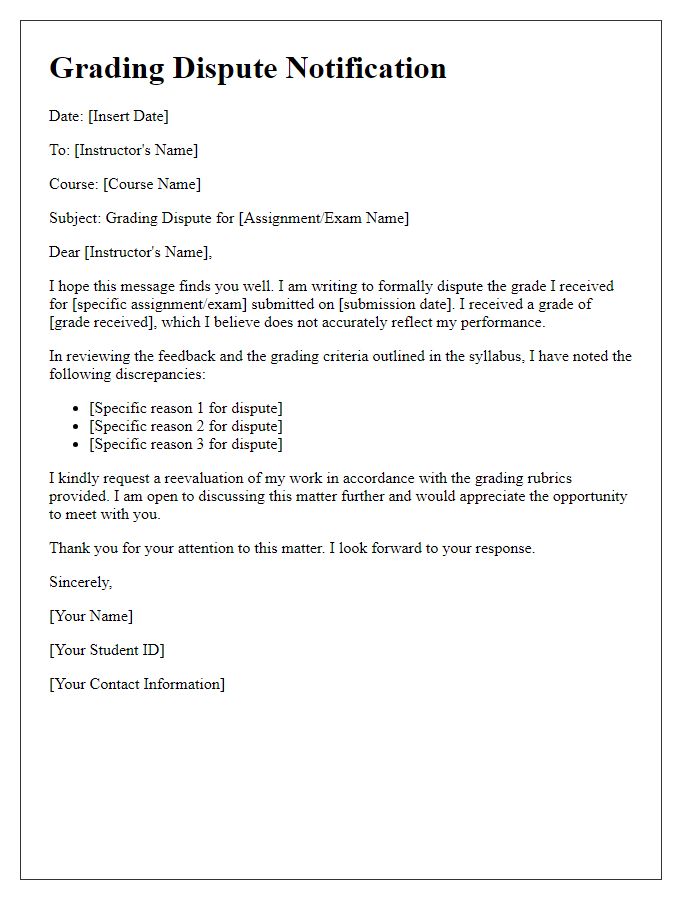 Letter template of grading dispute notification